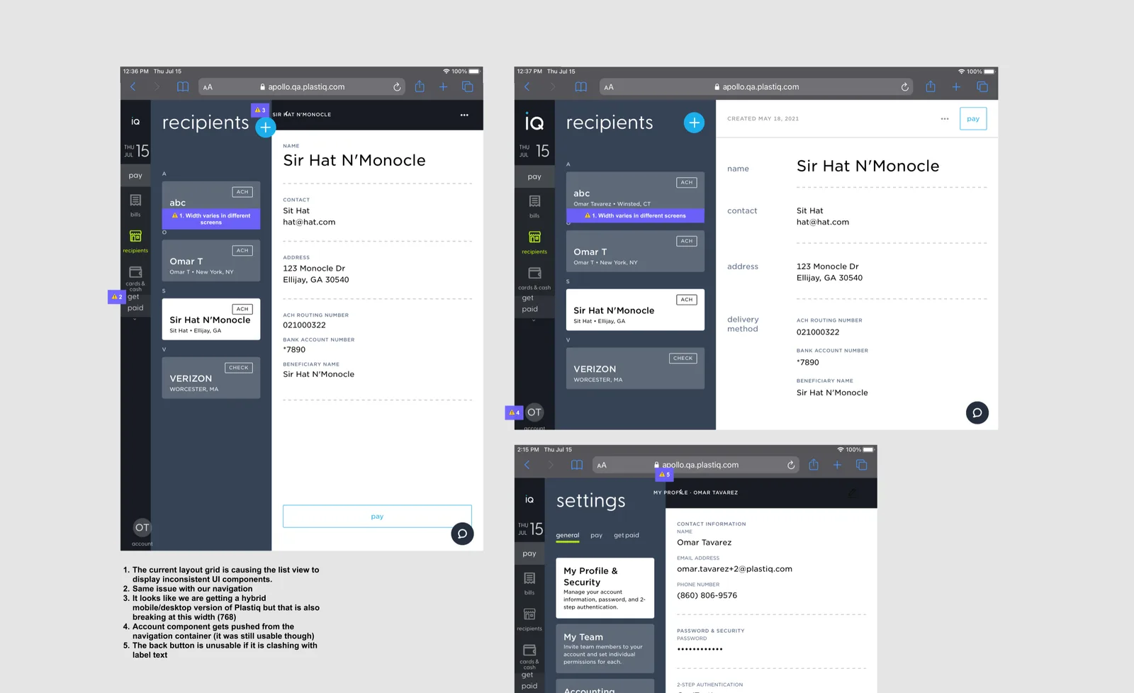 Product screenshots annotated with a numbered list of layout failures: inconsistent components in list view, a hybrid mobile and desktop navigation, the account component pushed out of its container, and an unusable back button