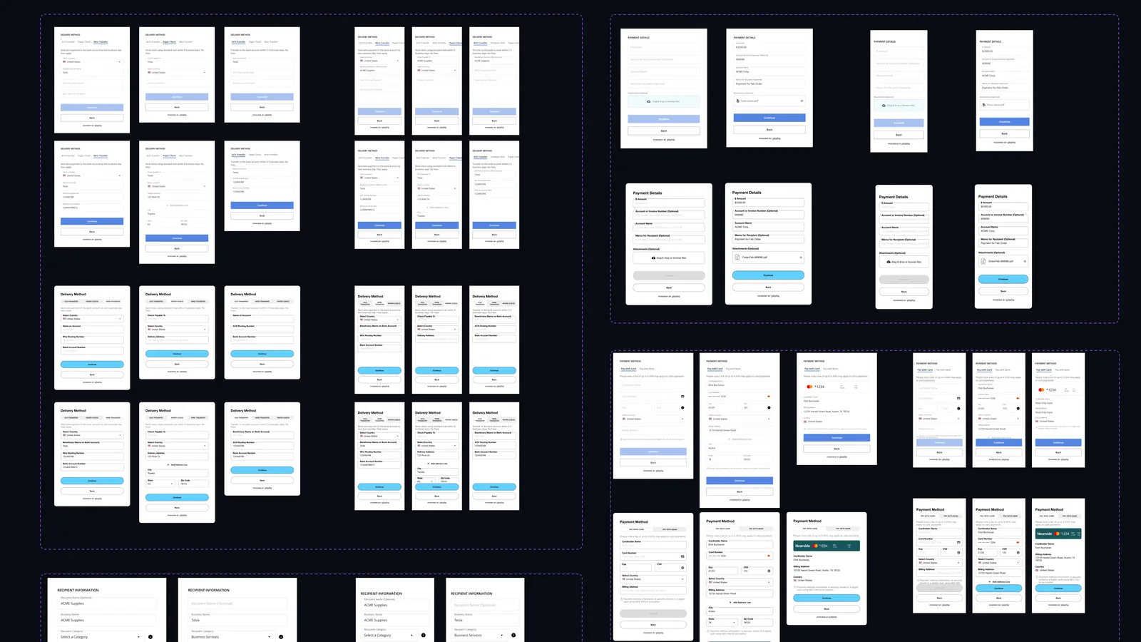 The Plastiq Connect payment widget as a full set of mobile screens covering the end-to-end payment flow