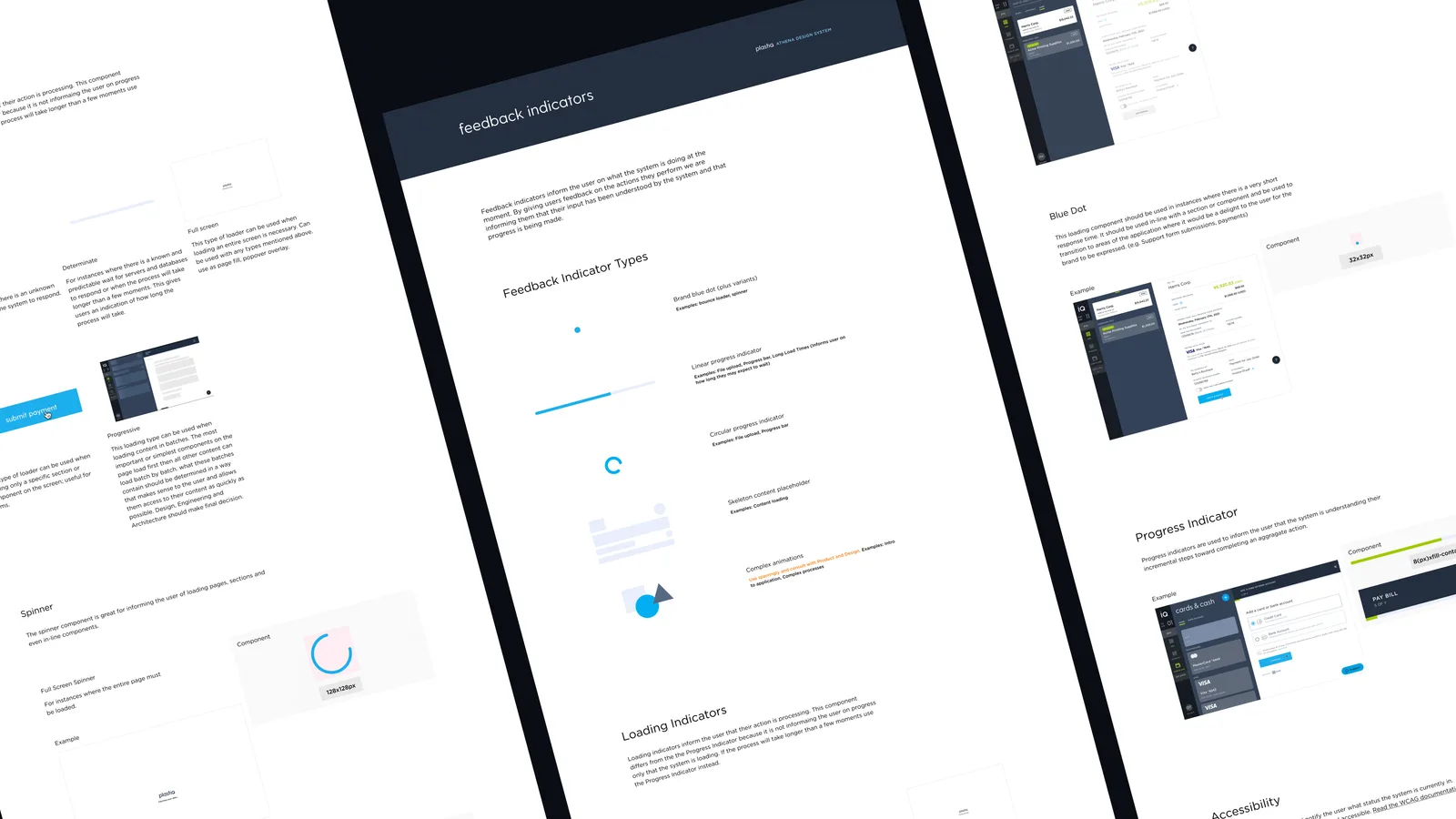 Feedback indicator documentation covering indicator types, the blue dot, spinners, progress and loading indicators, and the accessibility rules for each